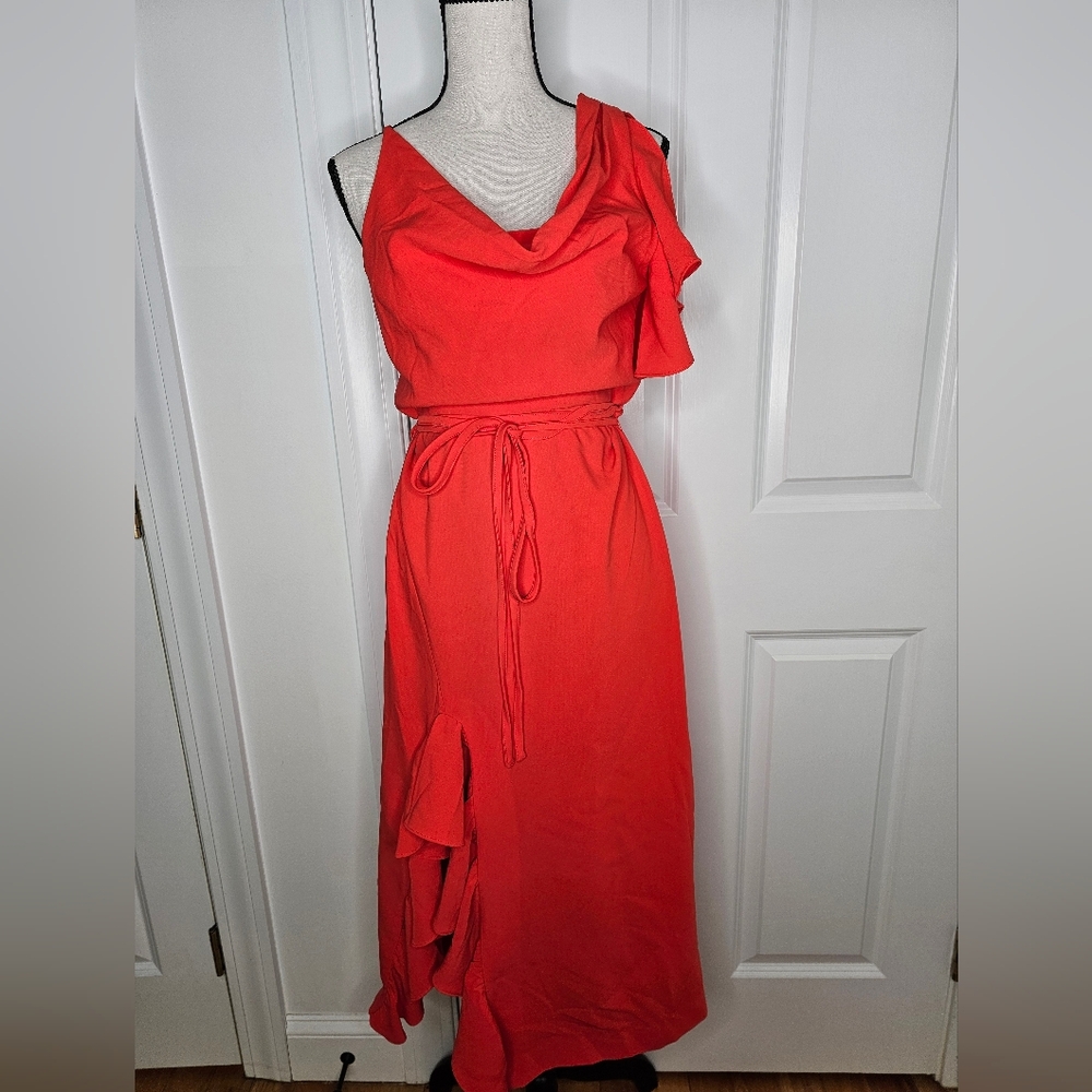 cinq a sept Red One-Shoulder Ruffle Maxi Dress